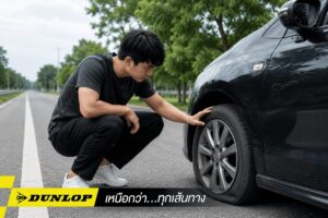 ผู้ชายเช็กยางรถยนต์แบนริมถนน